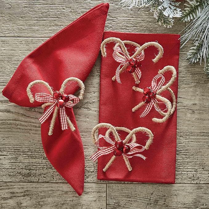 Park Designs Candy Cane Napkin Ring Set of 4 | Rustic Burlap Holiday Napkin Holders with Red Gingham Bow & Festive Bells | 3" H x 3.25" W x 2.5" D | Farmhouse Christmas Table Decor