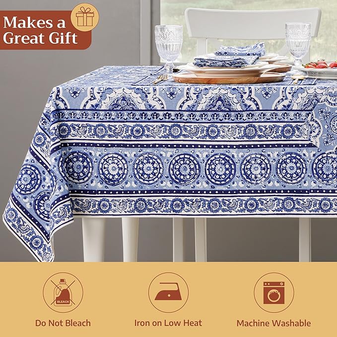 Maison d' Hermine Table Cloth Rectangle Table 100% Cotton 70 x 140 Inches Tablecloth Reusable Decorative for Dining Room Farmhouse Home Valentines Day Decorations Spring Summer - Melodie Bleue