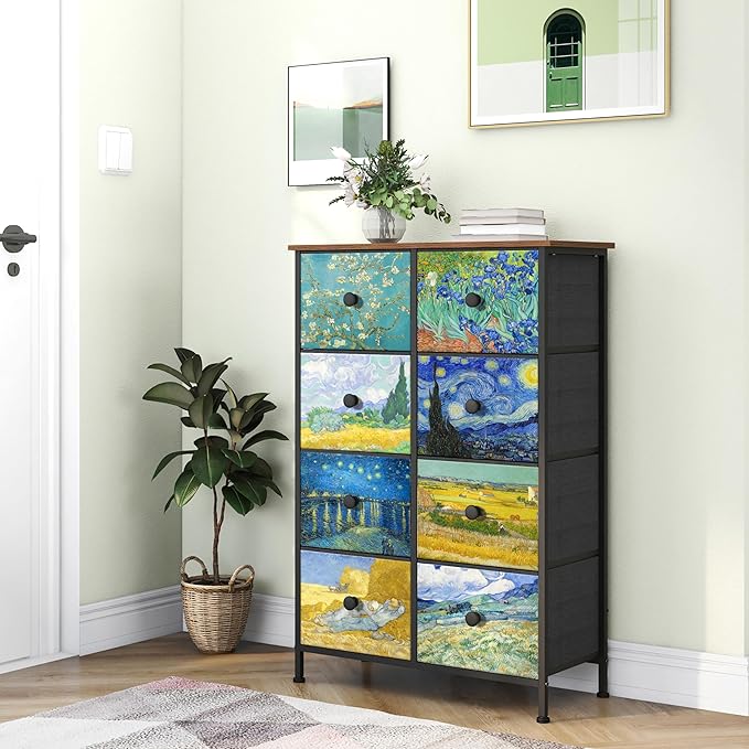 EXOTICA Tall Dresser with 8 Drawer for Bedroom Narrow Van Gogh Chest of Drawers for Hallway Closet Living Room Steel Frame Rustic Brown Wood Grain Wood Top