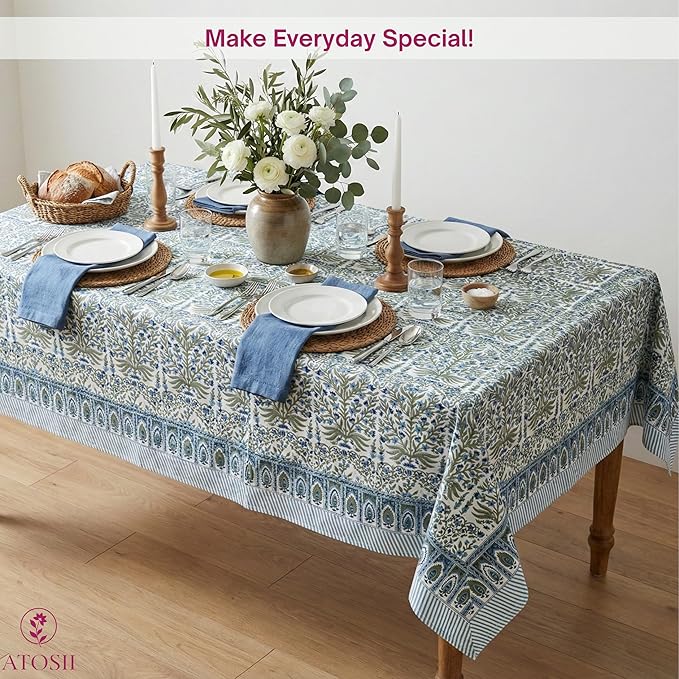 ATOSII Nargis Blue 100% Cotton Rectangle Summer Tablecloth, Indian Block Print Floral Table Cloth I Dining Parties Weddings Outdoors Holidays 60 X 60 Inches 4 Seater I Grandmillennial Farmhouse Boho