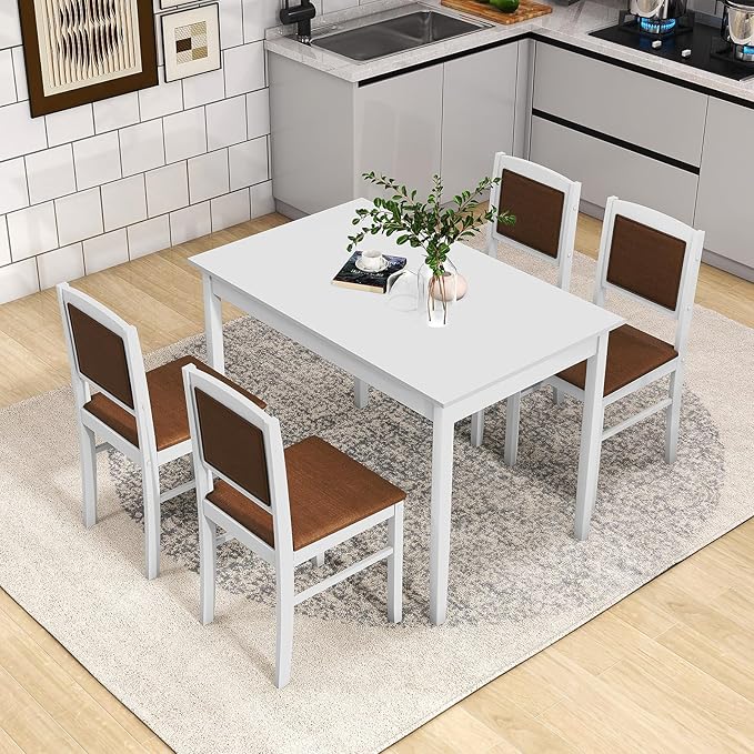 POWERSTONE Farmhouse Wood Dining Table Set for 4, Space-Saving Kitchen Table 4 Chairs Paded PU Leather, Rectangular 5 Piece Dining Table Set 4 Rubberwood Legs Chairs for Kitchen Indoor Dinner (White)