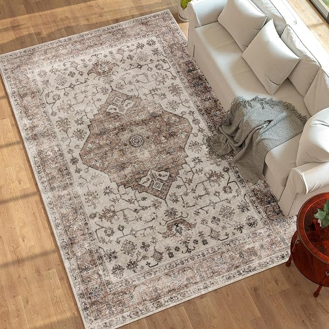 HOMCOM Washable Area Rug, 8'x10' Vintage Indoor Distressed Carpet, Retro Floor Cover Foldable, Floral Print Mat for Living Room, Bedroom, Dining Room, Tan