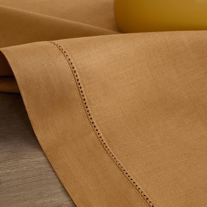 Solino Home Brown Sugar Linen Tablecloth 60 x 90 Inch - Classic Hemstitch, 100% Pure Linen Rectangular Tablecloth - Machine Washable Table Cloth
