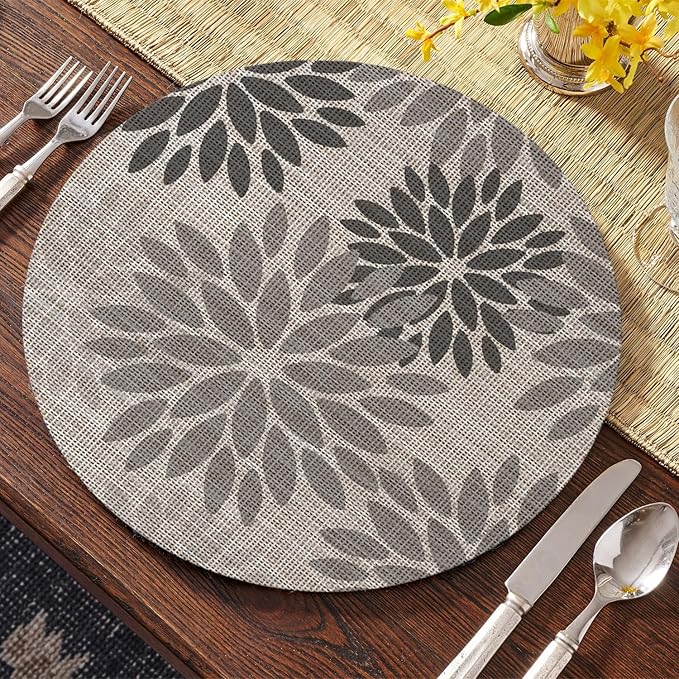 Artoid Mode Gray Dahlia Plastic Round Placemats Set of 4, 14 Inch Seasonal Wipeable Woven Vinyl Table Mats for Farmhouse Party Kitchen Dining Decor