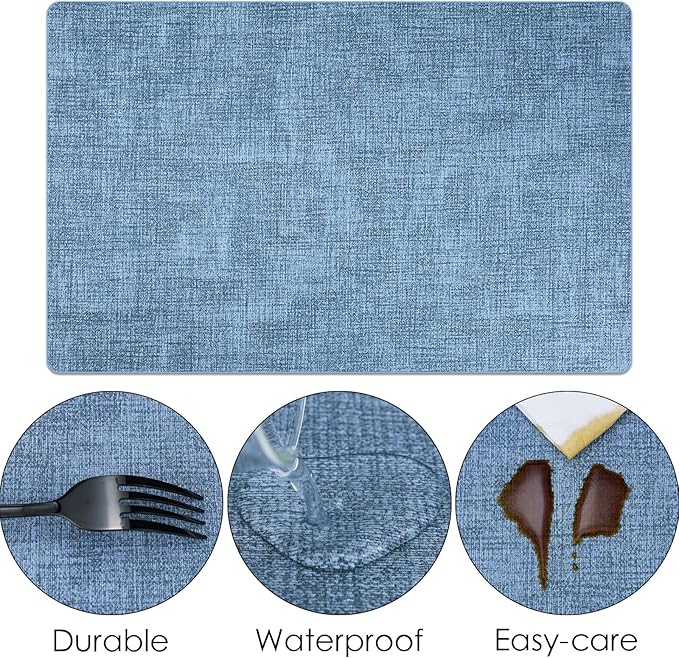 Placemats Set of 6 Faux Leather Heat Resistant Tables Mats Waterproof Oilproof Wipeable Reversible Anti-Slip Place Mats for Kitchen/Dining/Party/Outdoor 11.8" x 16.9", Light Blue