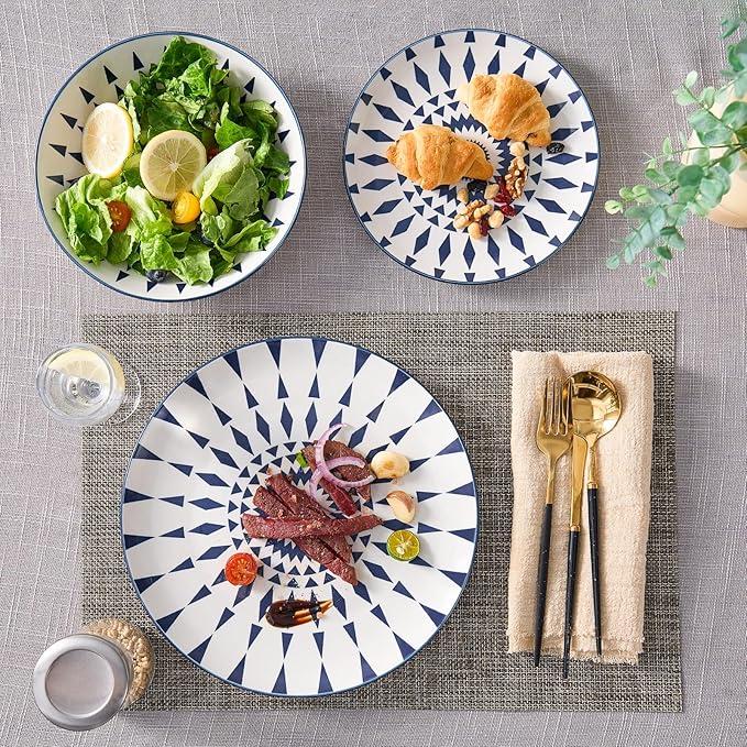 Bestone 12-Piece Round Porcelain Dinnerware Set, Service for 4, Chip Resistant Plates and Bowls,Blue, Dishwasher & Microwave Safe for Home Daily Use