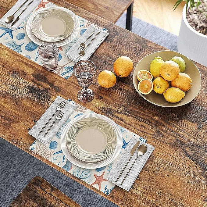 Watercolor Coral Starfish Shell Placemats Set of 6, Washable Table Mats for Kitchen Dining Table, Linen Place Mats for Party Holiday Decoration, Teal Ocean Retro