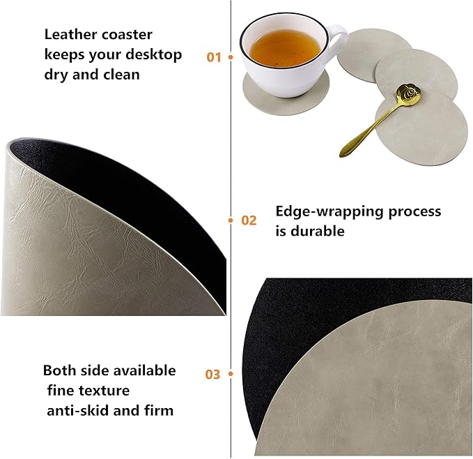 Set of 8 Faux Leather Round Placemats and Coasters, Coffee Mats Kitchen Table Mats, Waterproof, Easy to Clean, for Kitchen Dining Round Table