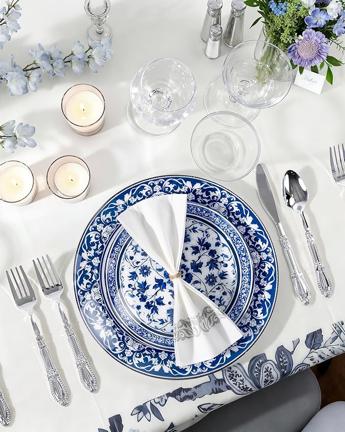 Hioasis 60pcs Blue Plastic Plates Set - Floral Blue & White Porcelain Design, 10.25" Dinner & 7.5" Dessert Plates Disposable for Wedding (Dishwasher Safe, Art Style)