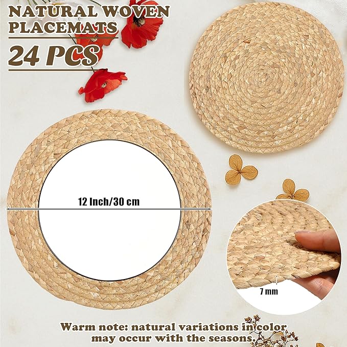 Kochorie Set of 24 Round Woven Placemats 12-Inch Natural Water Hyacinth Plant Placemats Hand-Woven Boho Rattan Placemat Wicker Weave Table Mats for Home Dinner Plates Holiday Supplies