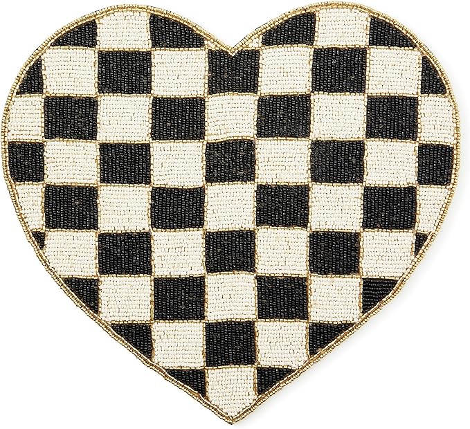 MACKENZIE-CHILDS Beaded Placemat, Indoor Table Mat, Black-and-White Check Heart Shaped