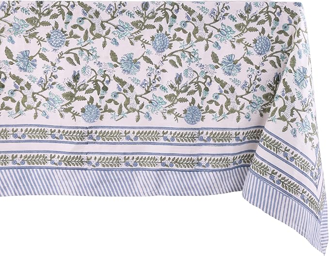 ATOSII Mahoka Blue 100% Cotton Rectangle Spring Tablecloth, Handblock Floral Linen Table Cloth for Kitchen Dining Table I Parties Weddings Outdoors Easter Home Decor 72 X 140 Inches I 12 Seater