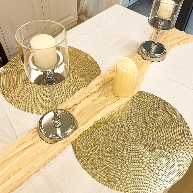Set of 4 PVC Gold Textured Round Placemats Dinning Kitchen Table Mats Decorations Setting for Christmas Wedding Thanksgiving Party Event Holiday Autumn Harvest 15 Inch