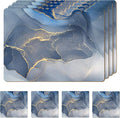 Set of 4 Heat Resistant Cork Placemats for Dining Table with Free Set of 4 Matching Drink Coasters Marble Design 16 x 12 Inches Cork Backed Hard Placemats (Blue & Gold)