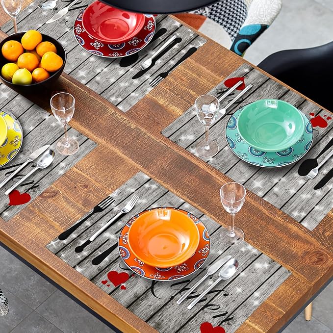 Farmhouse Kitchen Table Placemats - Rustic Place Mats Set of 4 Heart Wood Table Mats 12x18 for Party Kitchen Dining Grey