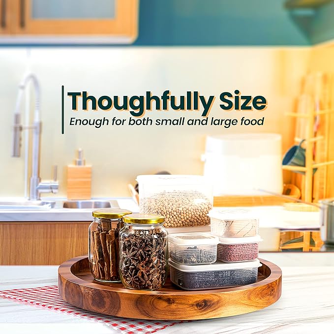 16" Acacia Wood Lazy Susan for Table Top - Wooden Turntable Serving Tray for Charcuterie Boards Cheese Board - Extra Large Black Round Lazy Susan Organizer - Kitchen Revolution for Cabinet