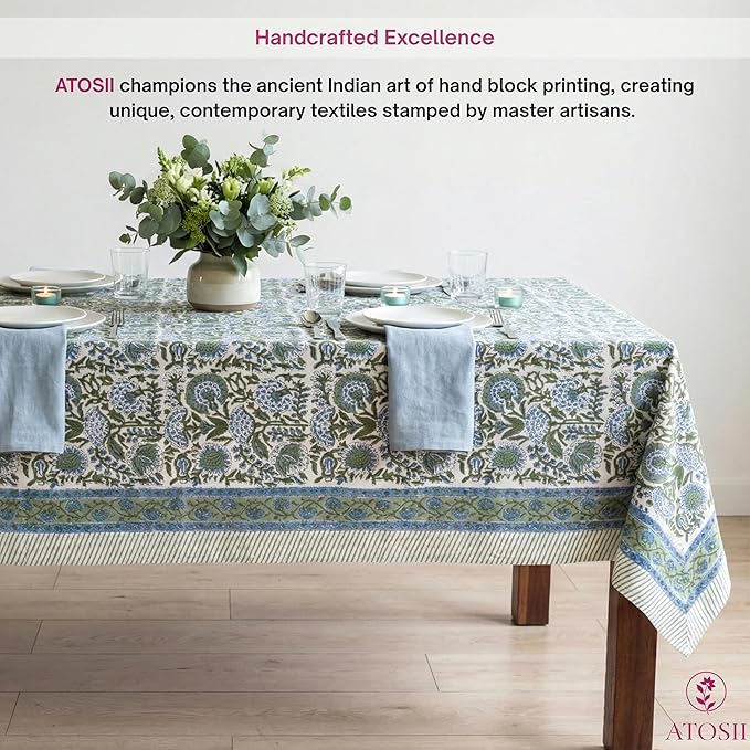 ATOSII Clover Blue 100% Cotton Rectangle Spring Tablecloth, Handblock Floral Linen Table Cloth for Dining Table I Parties Outdoors Fall Christmas Thanksgiving Holidays Decor 72 X 140 Inches, 12 Seater