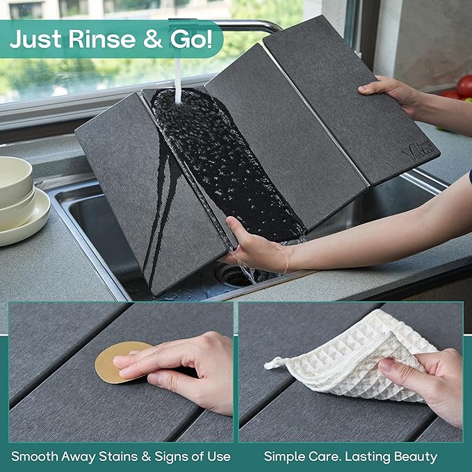 Stone Drying Mat For Kitchen Counter, Diatomaceous Stone Dish Drying Mat For Kitchen - Quick Drying Dish Mat - Water Absorbing Stone Tray, Foldable, Eco-Friendly, Gray Color (23.5 x 15.4")