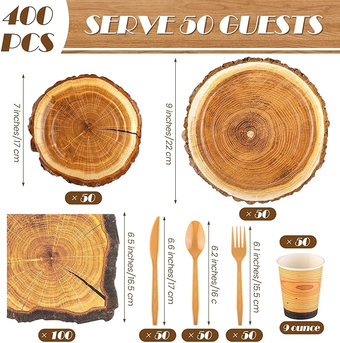 Kochorie 400 Pieces Wood Slice Disposable Tableware Sets, Rustic Wood Party Supplies with Plates Cups Napkins Cutlery Serves 50 for Birthday Hunting Forest Themed Party Decorations