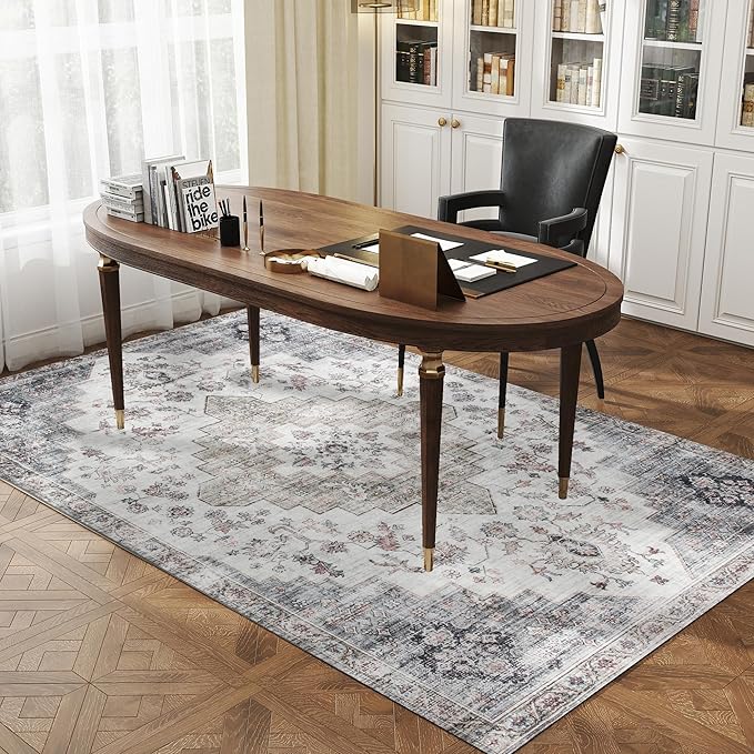 HOMCOM Washable Area Rug, 5'x7' Vintage Indoor Distressed Carpet, Retro Floor Cover Foldable, Floral Print Mat for Living Room, Bedroom, Dining Room, Brown and Green