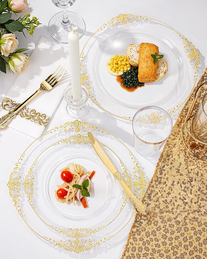 Nervure 100Pcs Clear and Gold Plastic Plates - Heavyweight Gold Disposable Plates - Plastic Plates Include 50Pcs 10.25inch Dinner Plate & 50Pcs 7.5inch Dessert Plate for Wedding & Party & Thanksgiving