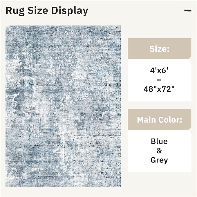 Area Rugs 4x6 for Living Room, Vintage Abstract Washable Rugs for Dining Room, Kitchen, Non-Slip Area Rug Blue
