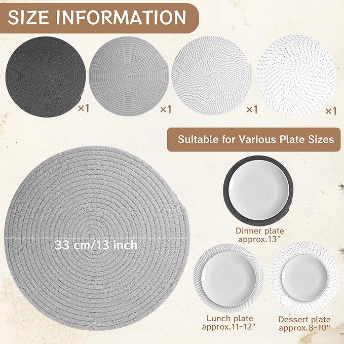 Kochorie Set of 4 Round Woven Cotton Placemats, 13 Inch Boho Table Mats for Kitchen and Dining Table, Farmhouse Heat Resistant Washable Trivets, Fall Thanksgiving Christmas Décor (Mixed Gray)