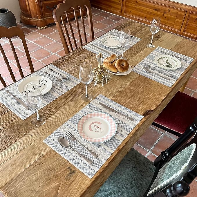 FAVE Blue Boho Vinyl Placemats Set of 6, Durable Woven Place Mats Washable Heat Resistant PVC Table Mats for Parties,Weddings, Dining,Banquet(Blue, 6PCS)