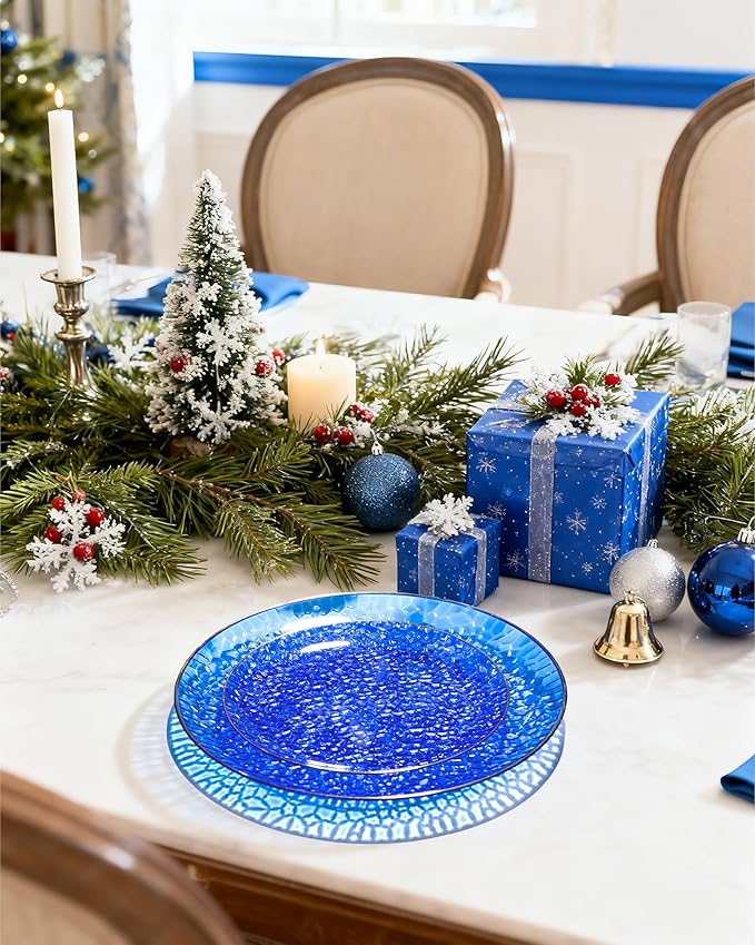Hioasis 60pcs Blue Plastic Plates - Gold Rimmed Disposable, Hammered, Heavy-duty Dinnerware Set Suitable for 30 Guests, 10.25" Dinner & 7.5" Dessert Plates for Party & Wedding