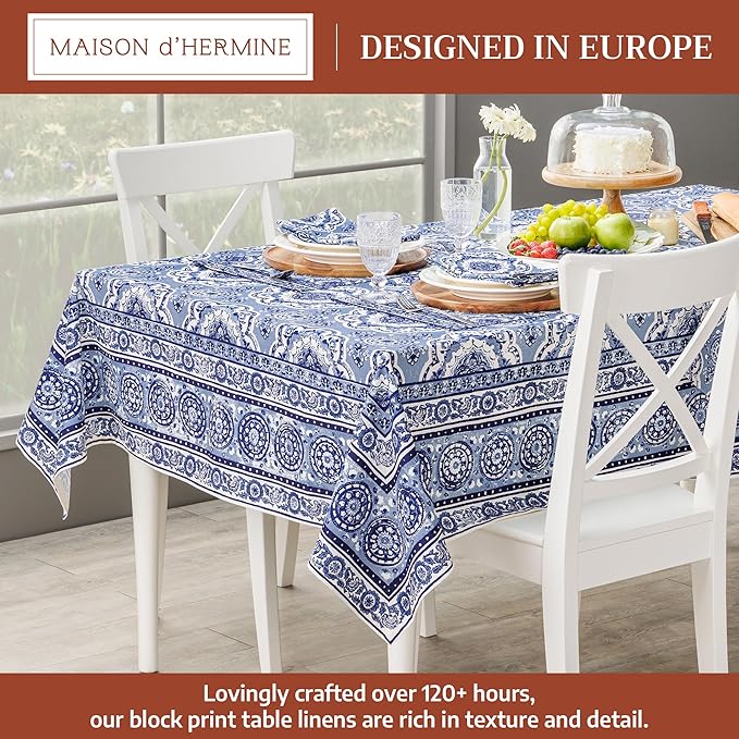 Maison d' Hermine Table Cloth Rectangle Table 100% Cotton 70 x 120 Inches Tablecloth Reusable Decorative for Dining Room Farmhouse Home Valentines Day Decorations Spring Summer - Melodie Bleue