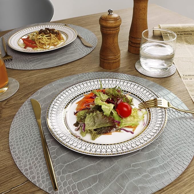 Round Leather Placemats for Round Tables Set of 4, Gray Table Place Mats and Coasters, Washable Easy to Care for Indoor Decor 13" Diameter