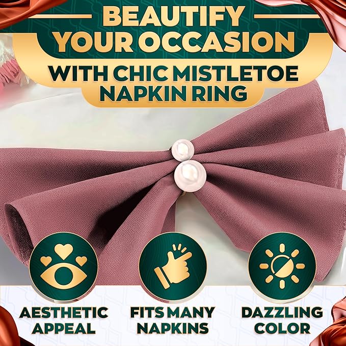 Gold Pearl Napkin Rings Set of 12 – Valentine Napkin Rings | Romantic Table Decor with Faux Pearls | Reusable, Metal & Scratch-Resistant Finish - for Weddings, Banquets, Holiday Dinners & Gift Giving