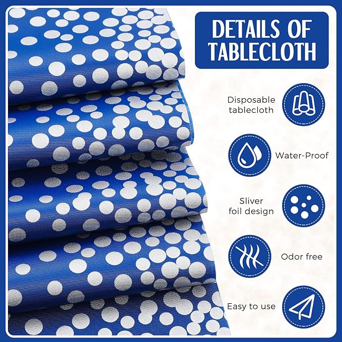 Breling 8 Pack Navy Blue and Silver Disposable Plastic Tablecloths and Satin Table Runner, 54 x 108 Inch Tablecloth, 12 x 108 Inch Table Runners for Wedding Graduation Birthday Baby Shower New Year