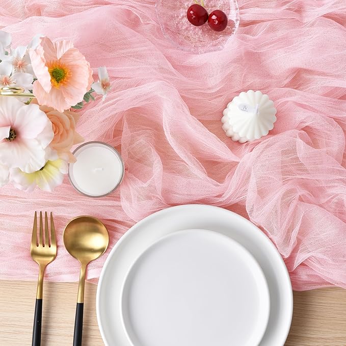Joanlody Blushing Pink Cheesecloth Table Runner Spring Easter 10Ft Rustic Gauze Boho Cheese Cloth Table Runner for Wedding Bridal Baby Shower Decoration 10 Pack