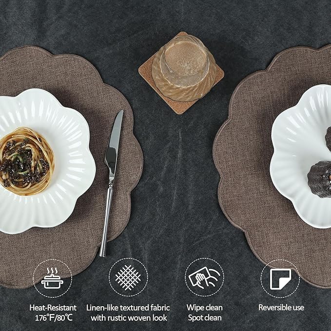 AHHFSMEI Round Faux Linen Placemats Set of 6 Waterproof Table Mats Heat Resistant Non-Slip and Stain Proof for Kitchen Dining Elegant Decor (Brown,6)