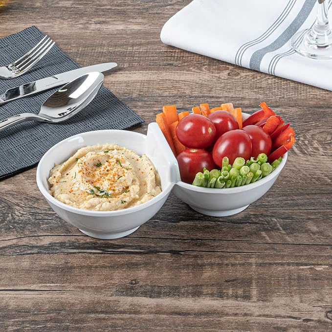 Restaurantware Voga 8.5 Ounce Divided Serving Dishes 10 Round Condiment Serving Dishes - 2 Compartments Serve Appetizers Snacks Dips Or Dressings White Melamine 2 Compartment Dishes