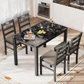 PHI VILLA 5 Piece Dining Table Set for 4, Marble Design Kitchen Table Chairs Set of 4, Solid Wood Space-Saving Dining Room Table Set for Apartment, Veined Black Marble& Gray