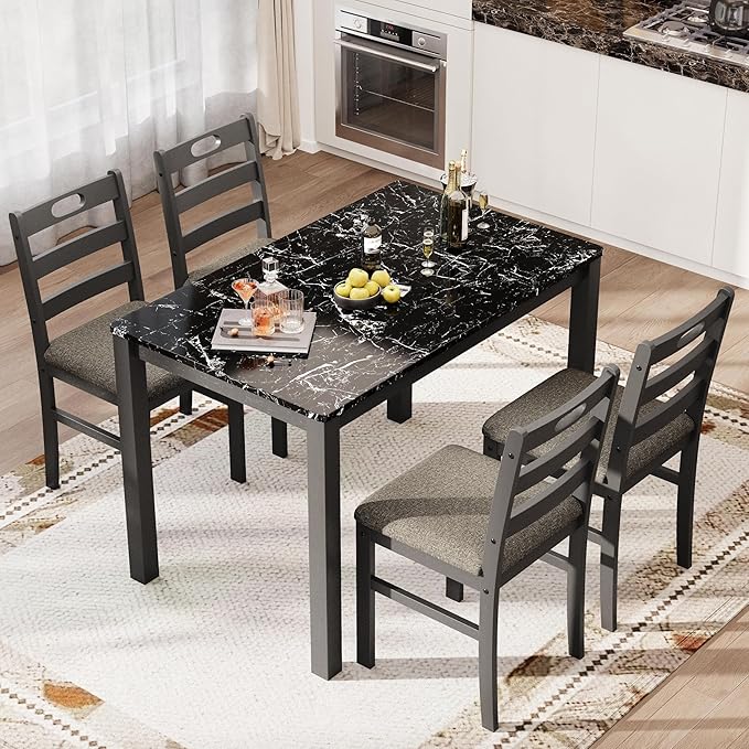 PHI VILLA 5 Piece Dining Table Set for 4, Marble Design Kitchen Table Chairs Set of 4, Solid Wood Space-Saving Dining Room Table Set for Apartment, Veined Black Marble& Gray