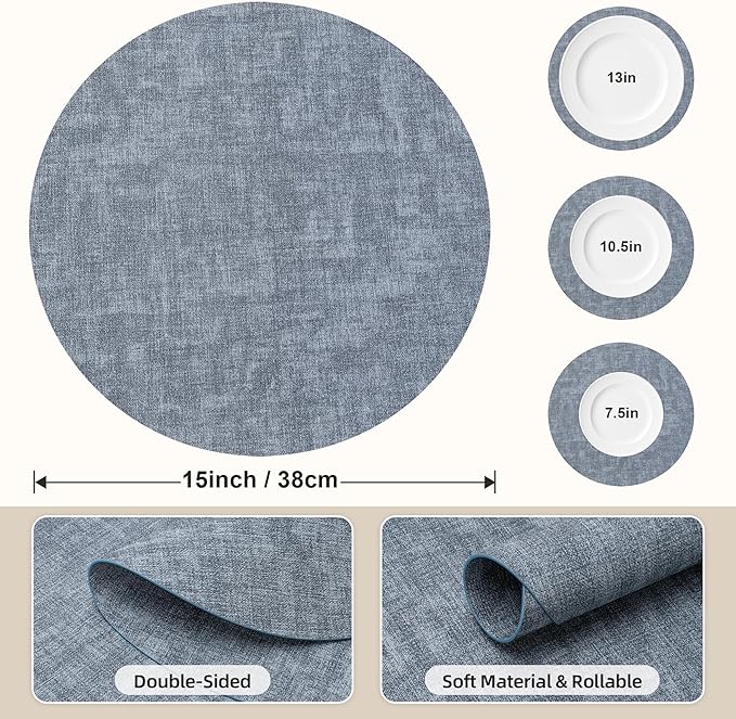 15 inch Faux Leather Round Placemats Set of 4 Non-Slip Washable Wipeable Table Mats, Heat Resistant Waterproof Oilproof Place Mats for Kitchen, Dining, Party, Indoor, Outdoor Blue