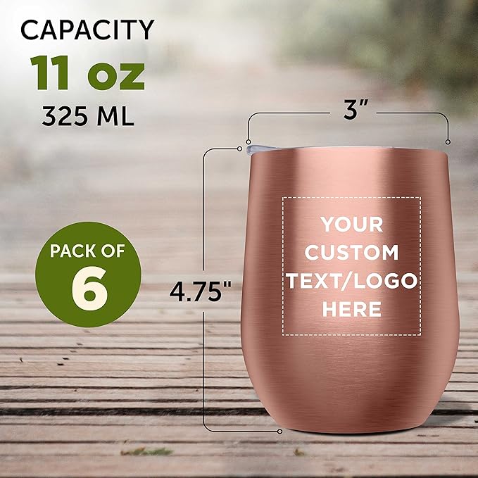 Custom Stemless Wine Glass Tumblers with Lids by Largo 11 oz. Set of 6, Personalized Bulk Pack - Perfect for Wine, Cocktails, Other Hot & Cold Beverages - Rose Gold