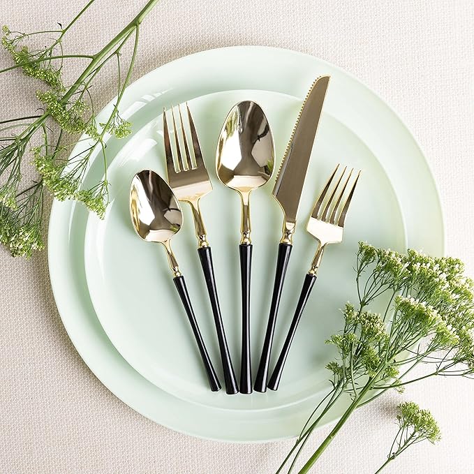 PlasticPro 20 Count Gold and Black Plastic Dinner Forks Premium Quality Heavy Duty Disposable Elegant Silverware Two Tone Dinner Forks for Party