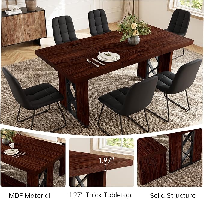 7-Piece Dining Table Set for 6 People, 70.8" MDF Kitchen Table with 6 Upholstered Chairs, Space-Saving for Dining Room, Breakfast Nook(Walnut Table+6 U-Shaped Black Chairs)