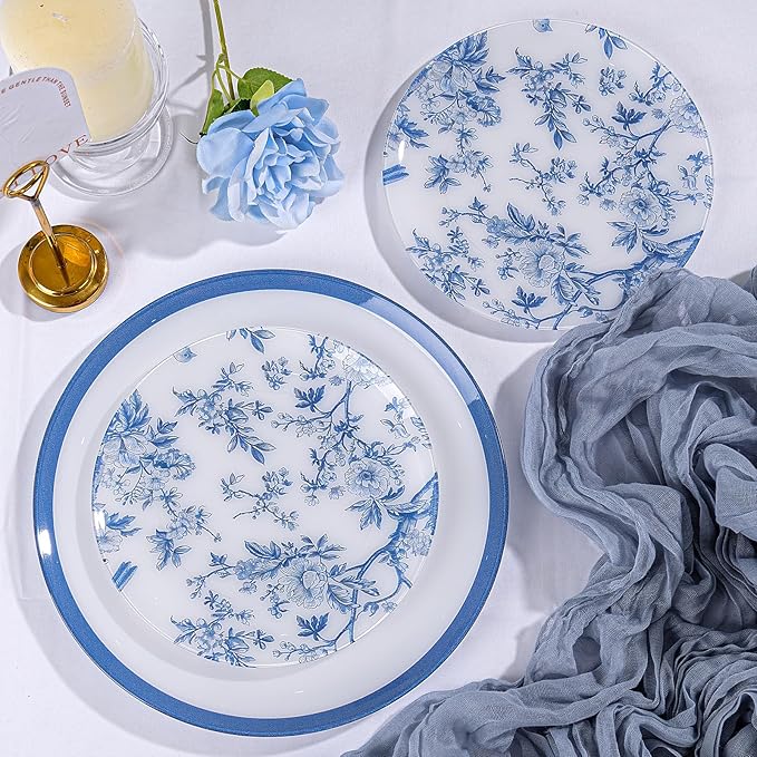 EI 60pcs Blue and White Floral Plastic Plates Fancy Blue Floral Disposable Heavy Duty,10.25inch Dinner Plate and 7.5inch Dessert Plate,Disposable Nice Plastic Plates for Party,Wedding(Value,Elegant)
