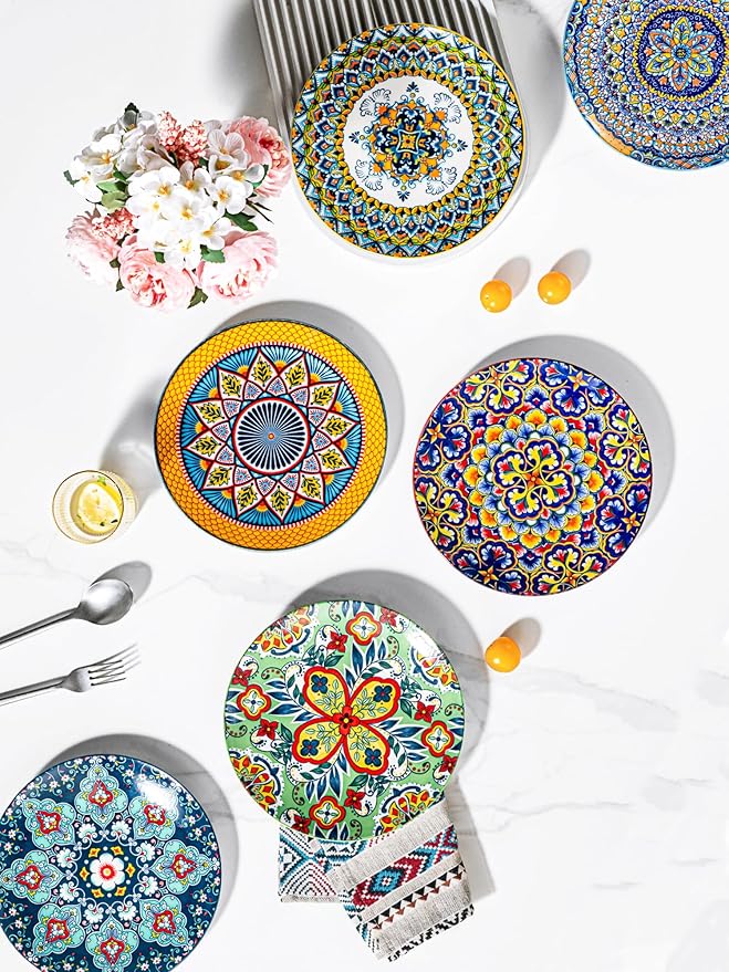 HENXFEN LEAD Ceramic Dessert, Salad Plates 8.5 Inch, Small Dinner Plate Set of 6- Serving Dishes for Thanksgiving & Christmas, Dishwasher & Microwave Safe - Bohemian Style