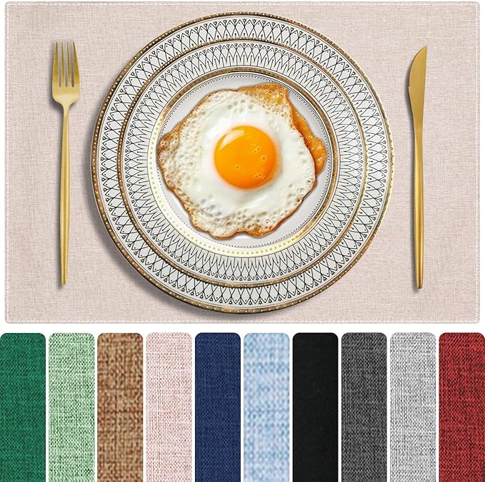 Cloth Placemats Set of 6, Cotton Linen Blend Machine Washable Double Layered Durable Place Mats Heat Resistant Placemats Wrinkle Free Thick Fabric Dining Table Mats (Light Linen, 6)