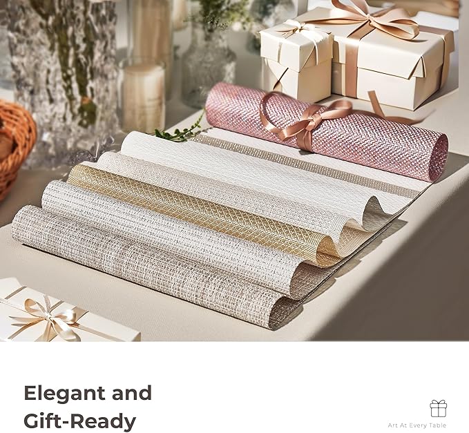 Leetaltree Luxury White and Silver Woven Placemats Set of 4 - Waterproof Washable Textured Table Mats for Wedding, Anniversary, Daily Use - Sparkling Metallic Thread Table Decor - Hand-Cut