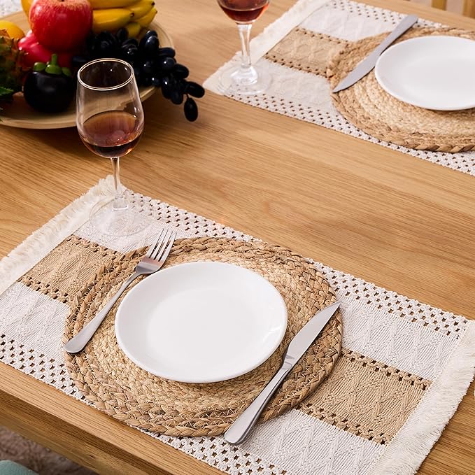 Handmade Boho Placemats Set of 6 - Natural Cotton Burlap and Water Straw Woven Rattan Wicker Braided Combination Table Mats, Macrame Table Décor Farmhouse Bohemian Style for Dining Room Table Kitchen