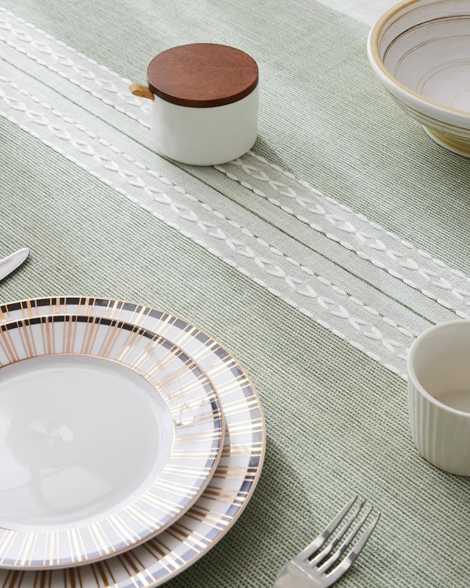 ZeeMart Contrast Linen Table Cloth Rectangle Table Cloths 60x84 Inch Mid-Stripe Green, Farmhouse Style Heavy Weight Sage Green Tablecloth, Water Resistant Burlap Tablecloths