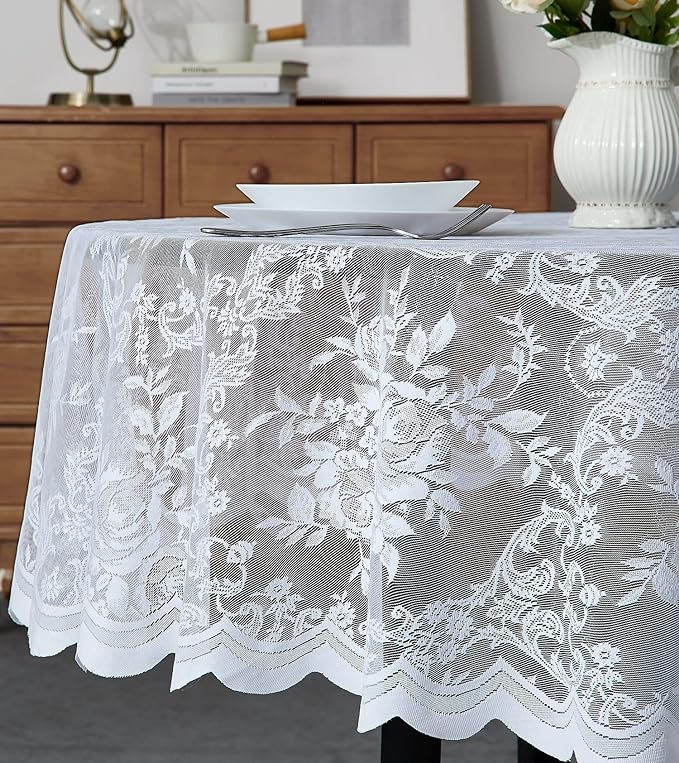 Warm Home Designs 120 Inch Round Tablecloth with English Rose Design. Use as Circle Table, Rustic or Elegant Lace Table Cloth. White Tablecloth for 10-12 Guests. LTC White 120