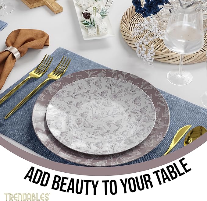 Trendables Disposable Dinnerware Decorative Plates Plastic Disposable Plates Set For 40 Guests 40 x 8 Inch Dessert Plate & 40 x 10 Inch Wedding Party Plate Set Blossom Circle